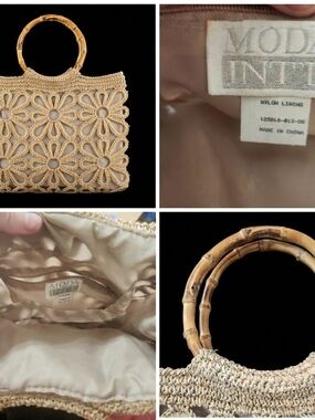 Moda International Cream Crochet Tote with Bamboo Circle Handles